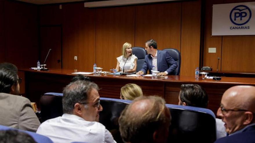 La presidenta del PP de Canarias, María Australia Navarro (i), acompañada por el líder del PP en Tenerife, Manuel Domínguez, durante la reunión del Comité Regional de su partido, celebrada este jueves en Santa Cruz de Tenerife