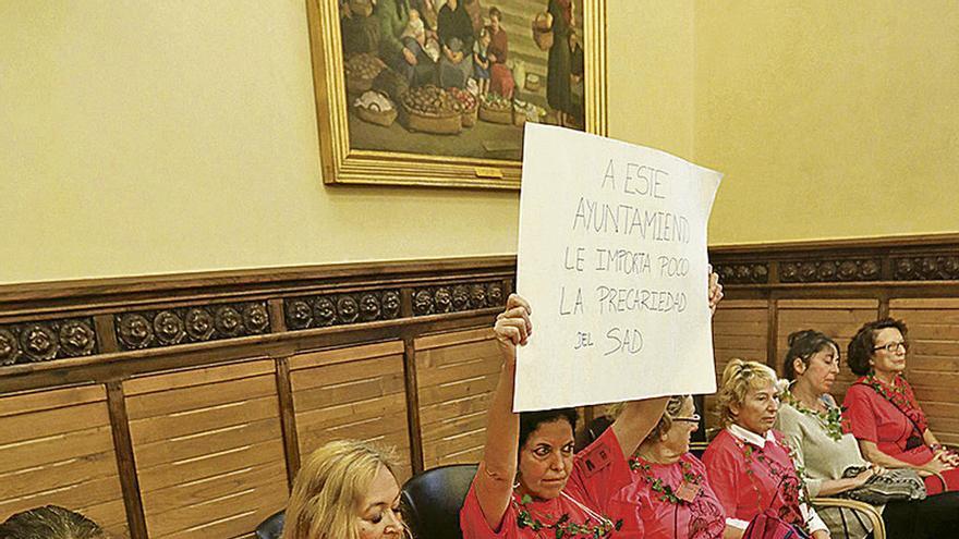 Trabajadoras del servicio de ayuda a domicilio, con enredaderas al cuello en su última protesta ante el Pleno.