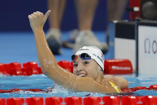 La española Emma Carrasco compite en la segunda manga de los 400m estilos femeninos en los Juegos Olímpicos París 2024, este lunes, en Nanterre, Francia. 