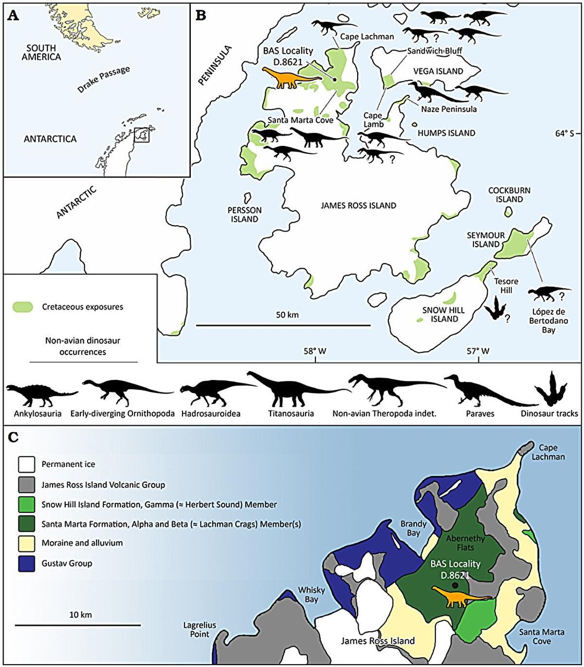 En amarillo, ubicación del dinosaurio identificado