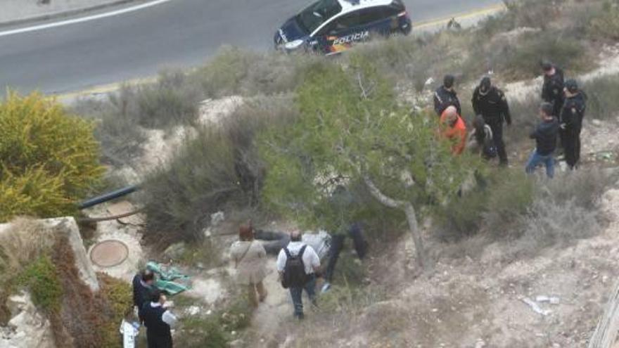 Agentes de la Policía Nacional y empleados de la funeraria, con el cadáver debajo del pino.