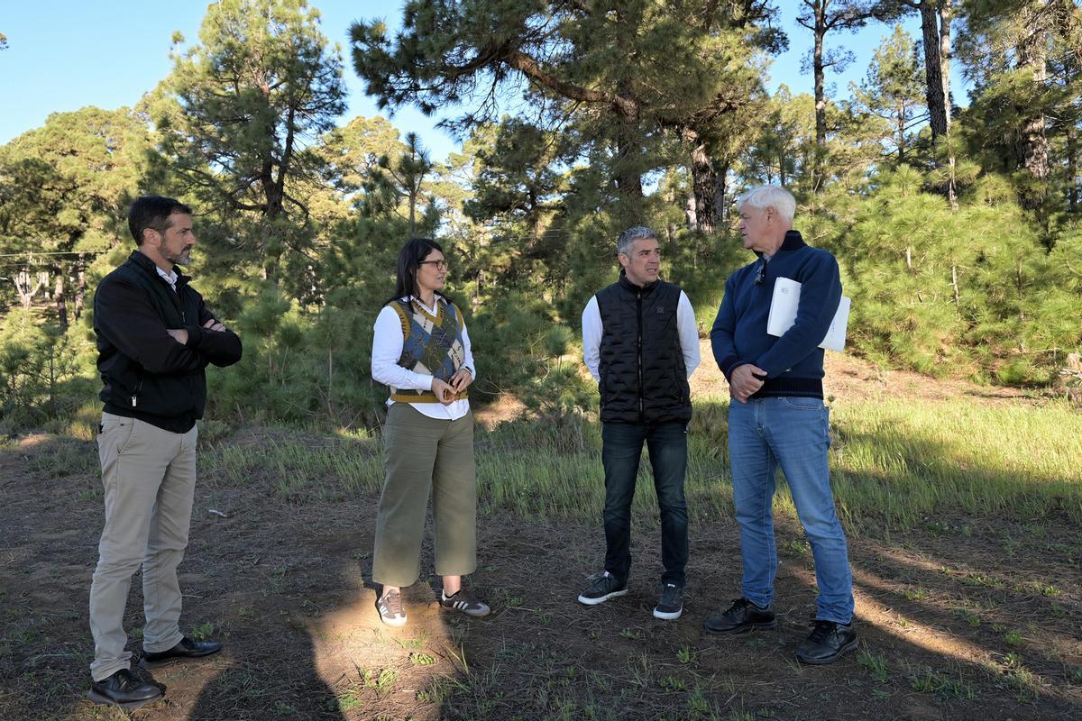 El consejero de Agricultura, Narvay Quintero; el presidente del Cabildo de El Hierro, Alpidio Armas (d), y la vicepresidenta del Cabildo, Ana González, visitan los terrenos en los que se construirá la balsa.