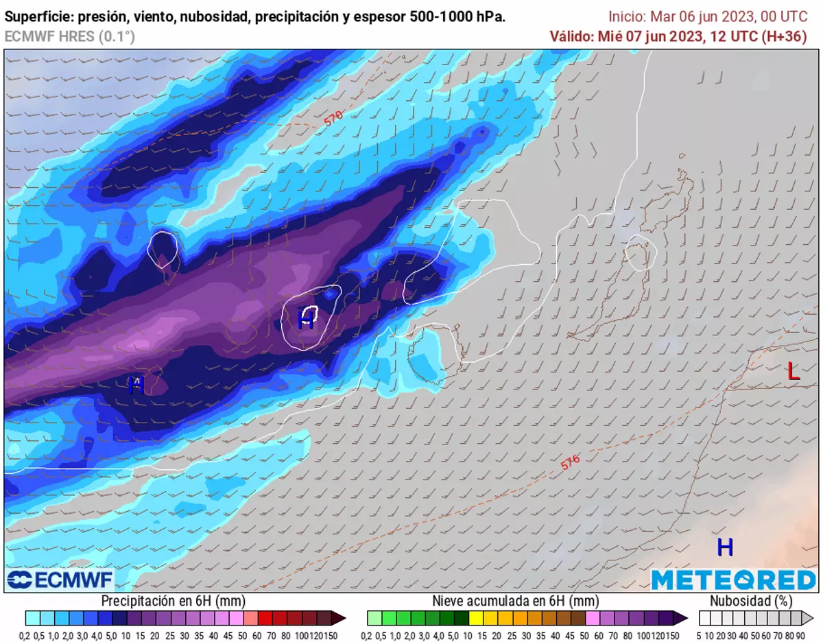Predicción del modelo europeo para el mediodía del miércoles 7 de junio.