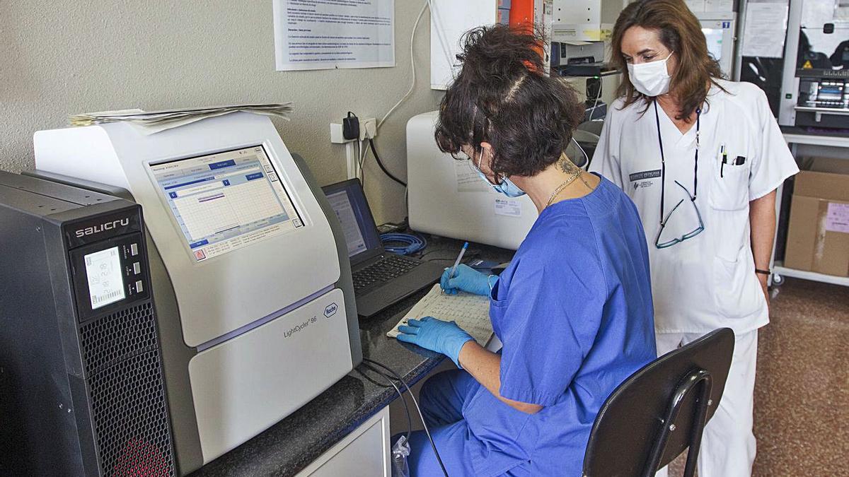 Victoria Ortiz de la Tabla, junto a una trabajadora del laboratorio. | ALEX DOMÍNGUEZ