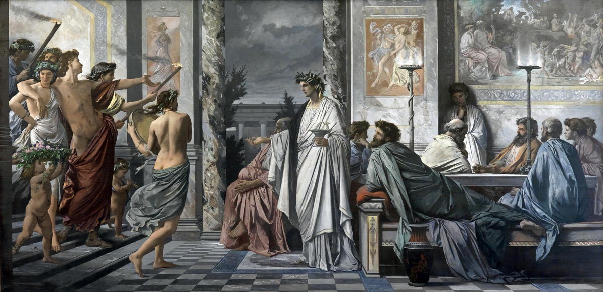 Anselm Feuerbach (1829-1880) pintó esta escena del «Simposio» de Platón en 1869. En ella se representa al dramaturgo Agatón dando la bienvenida a su casa a Alcibíades, que se encuentra ebrio.