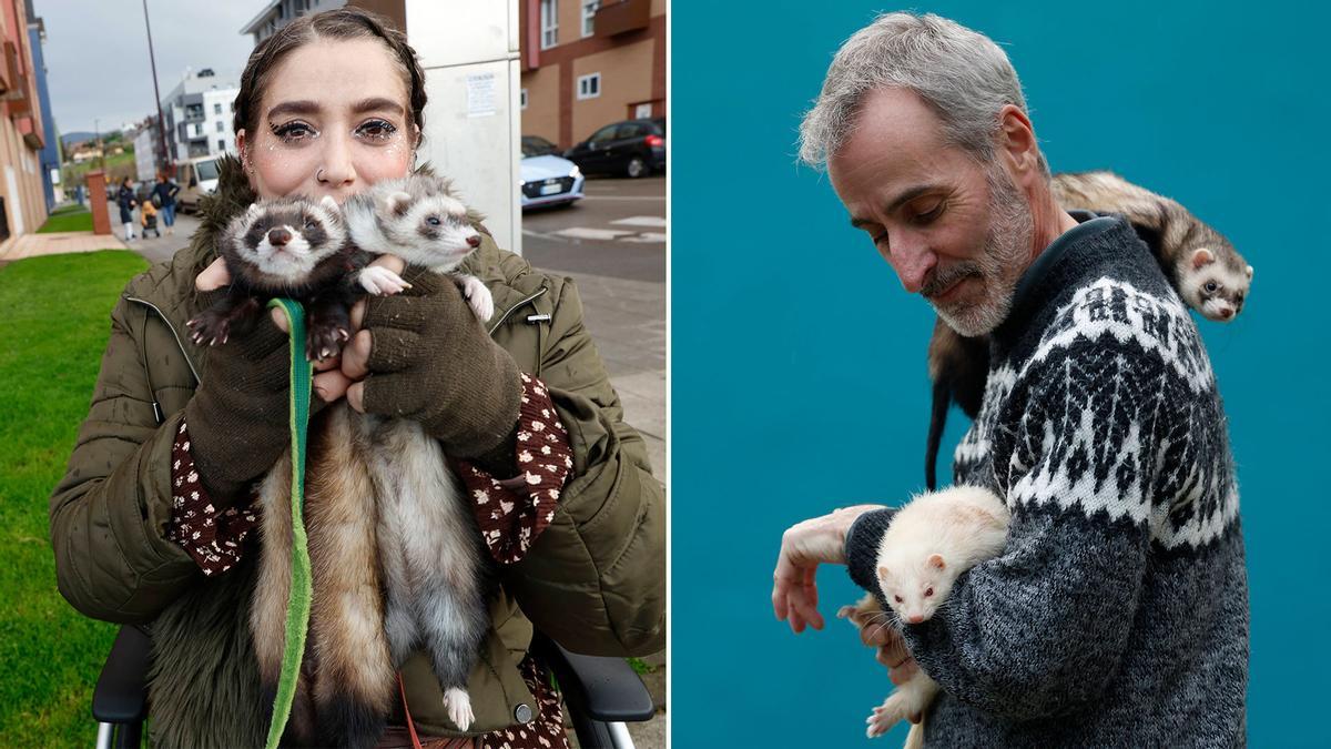 La joven Lucía Martínez con la pareja de hurones "Tlarck"  y "Pinky". A la derecha, Javier Díaz, con "Arwen" y "Gimli" recorriéndolo.