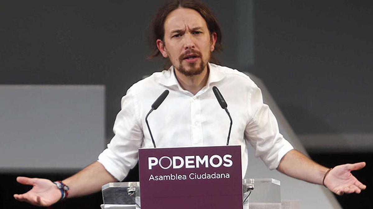 Pablo Iglesias, en el tancament de l’assemblea ciutadana de Podem.p>