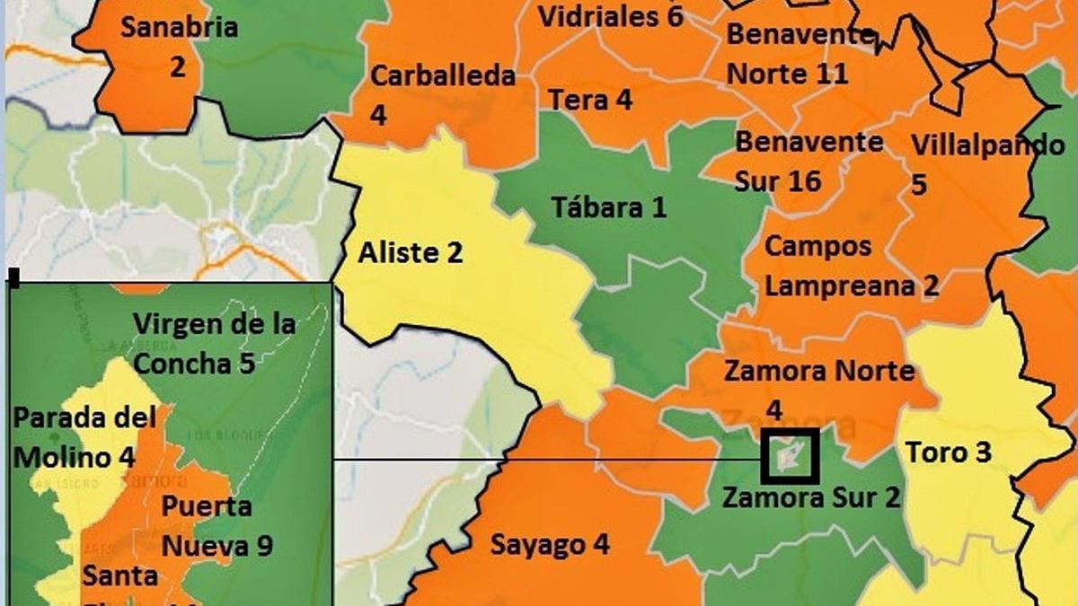 Casos de coronavirus confirmados por prueba PCR en Zamora en la última semana. En naranja, las zonas con más riesgo de contagio. | JCyL