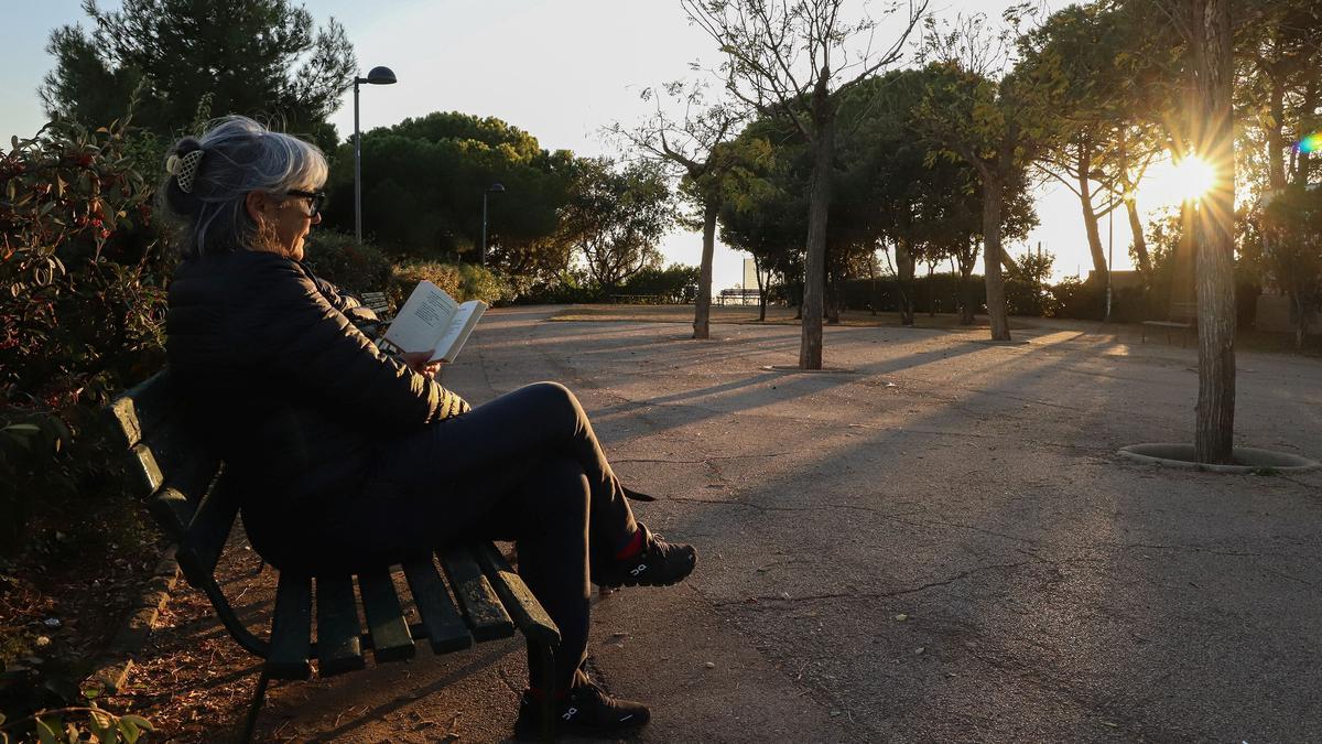 Banco con vistas donde hacer la fotosíntesis con un libro en el parque del Putxet.