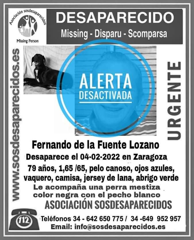 Alerta desactivada de la asociación SOS Desaparecidos para encontrar a Fernando de la Fuente Lozano.