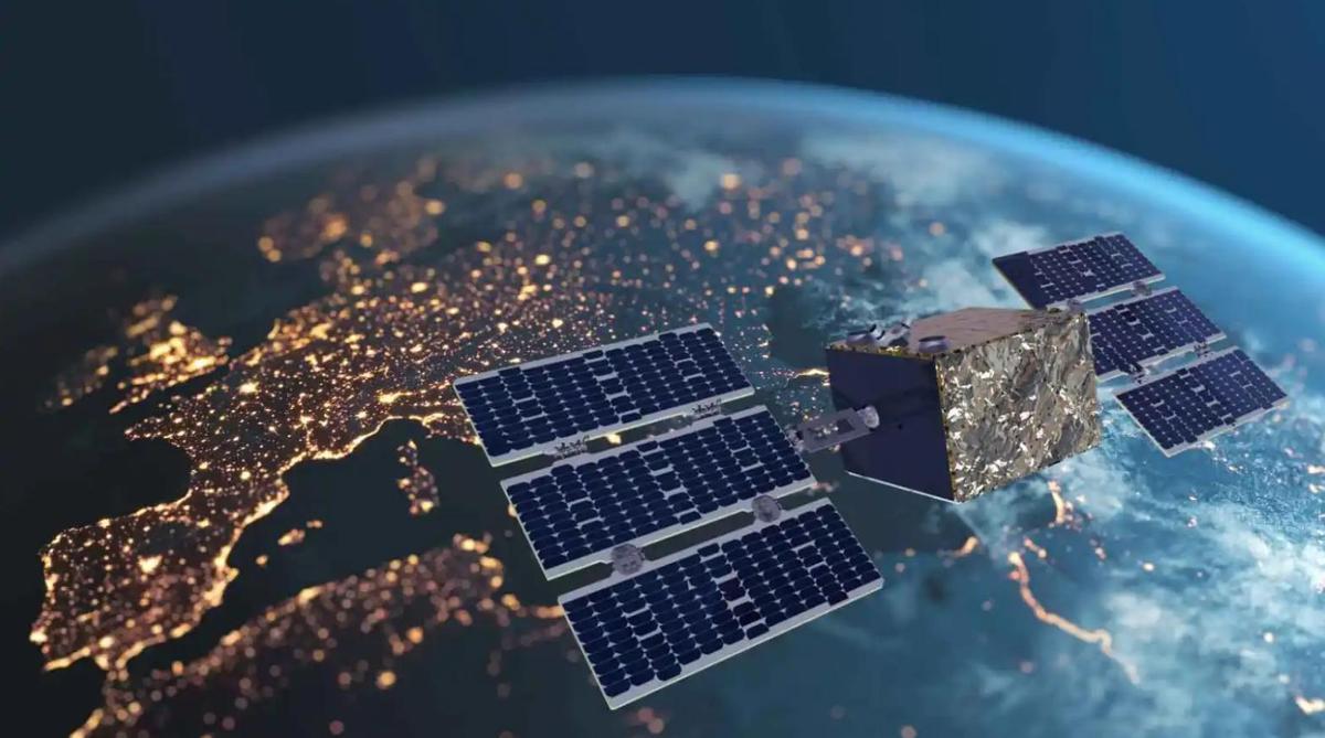 Representación artística de un satélite de Sateliot orbitando la Tierra.