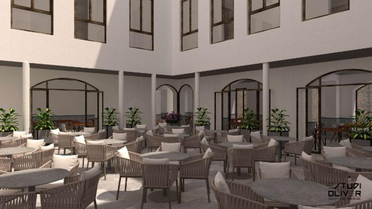 Patio central con las mesas, en el boceto del proyecto.