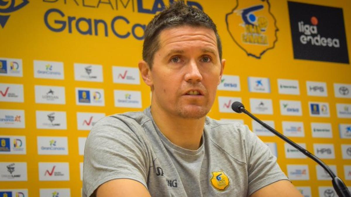 Jaka Lakovic durante su comparecencia en la previa del Granca ante el Girona de esta mañana.