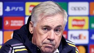 Ancelotti, en una momento de la rueda de prensa de este martes en Manchester