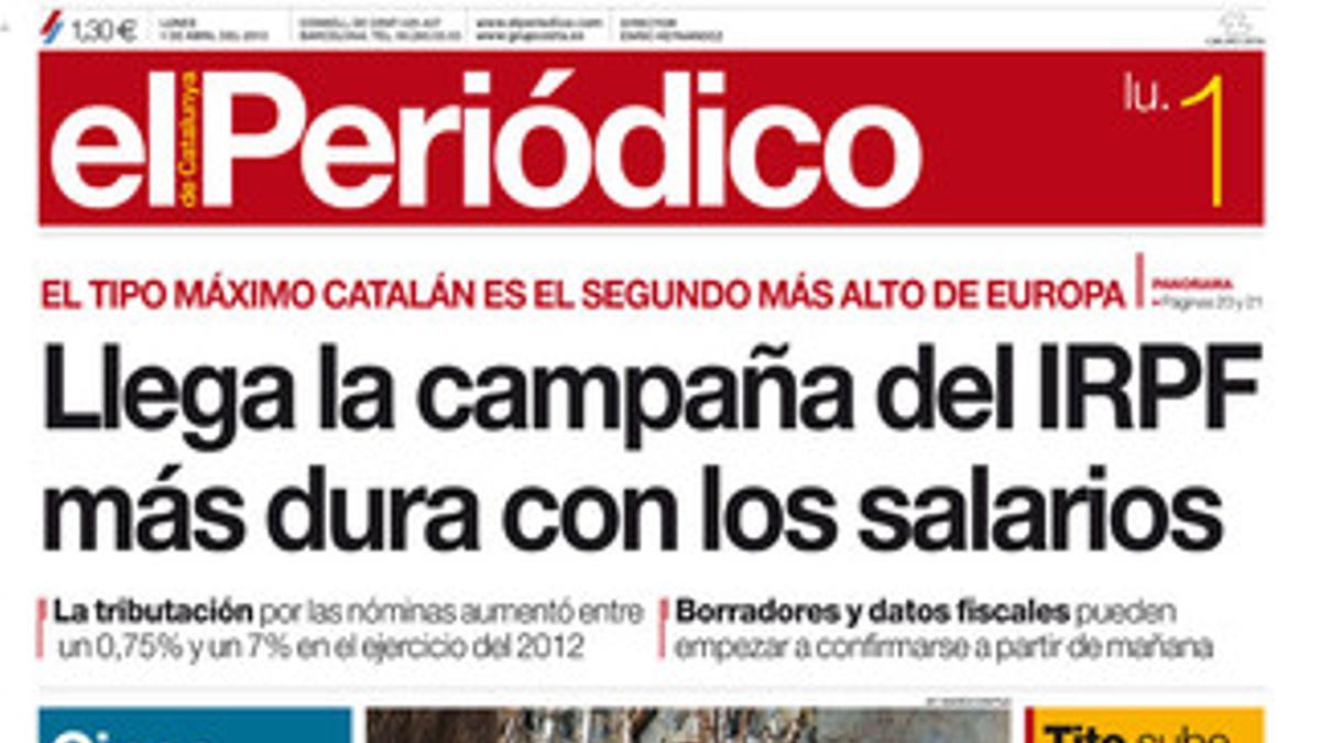 La portada de EL PERIÓDICO (1-4-2013).