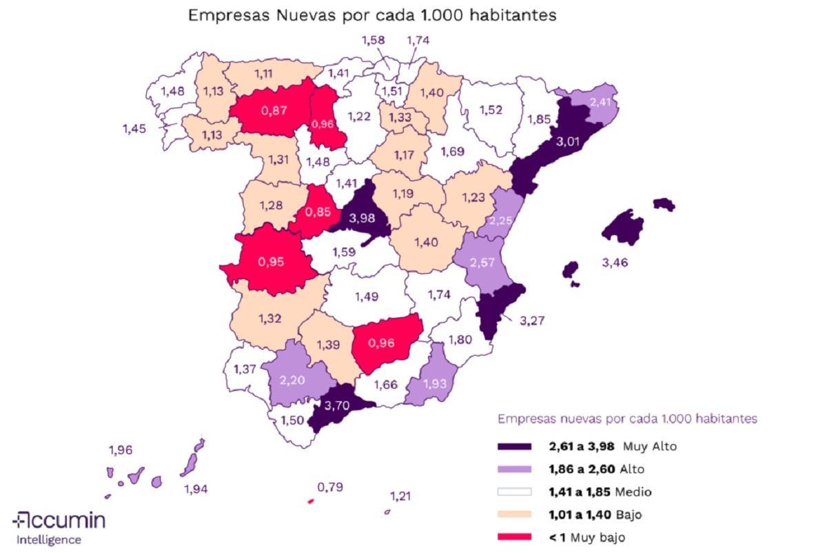 El mapa de España con las provincias que crean más empresas por cada mil habitantes sitúa a Máaga como la segunda, según Accumin.