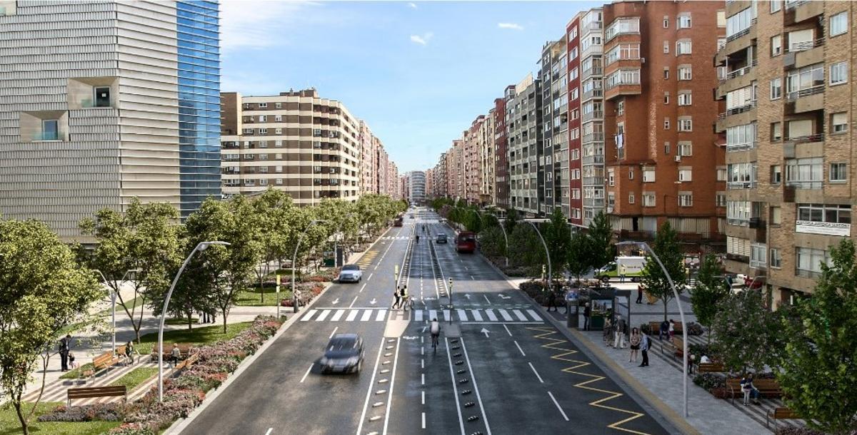 Recreación de la avenida Navarra de Zaragoza tras la reforma completa.
