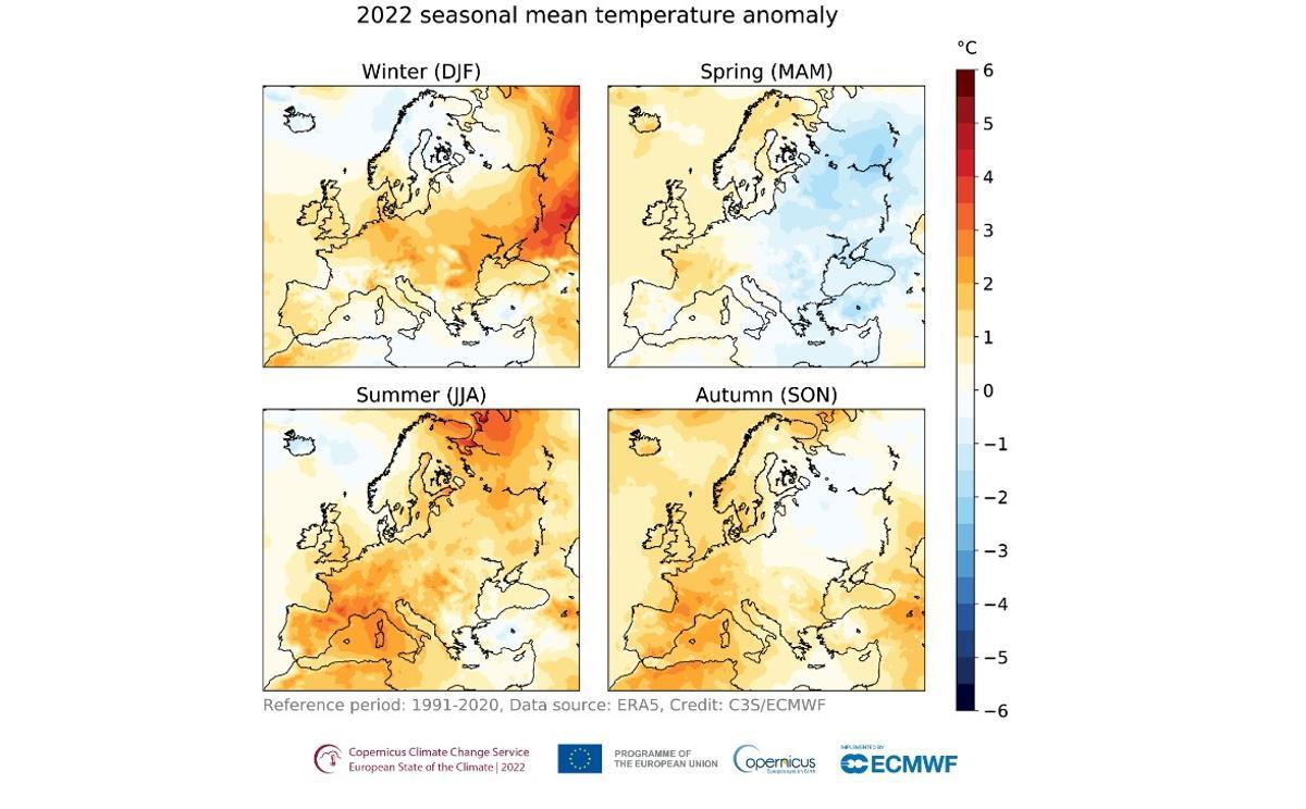 Mapa de oscilaciones de temperaturas en 2022 / Copernicus