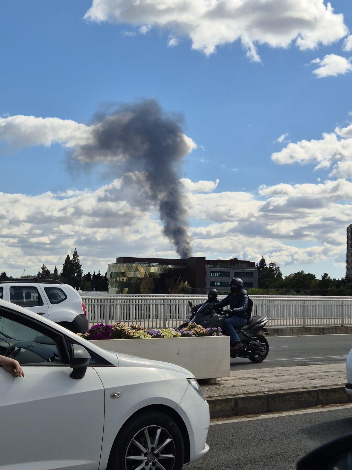 La columna de humo vista desde el puente de Los Remedios