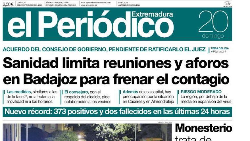 Esta es la portada de EL PERIÓDICO EXTREMADURA correspondiente al día 20 de septiembre del 2020