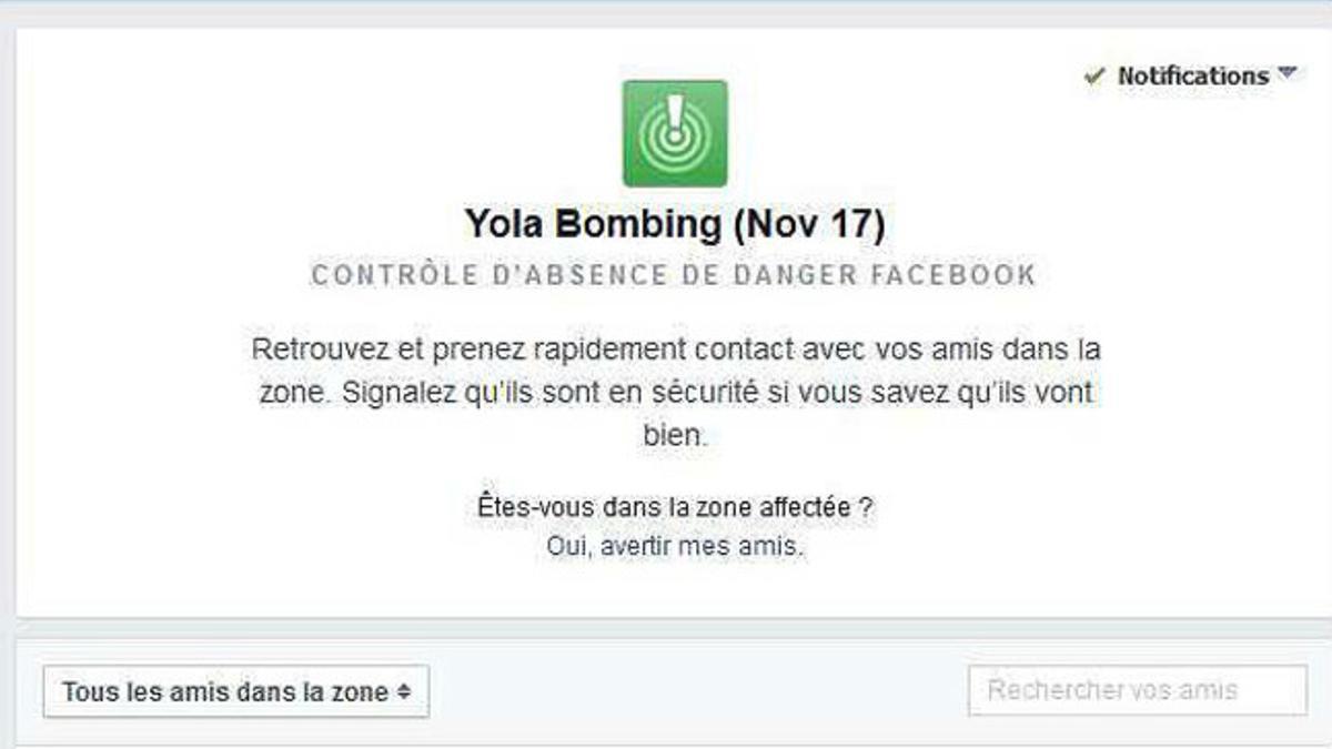 Mensaje que Facebook ha enviado a los usuarios de la red social en Yola (Nigeria), tras activar el botón de seguridad.