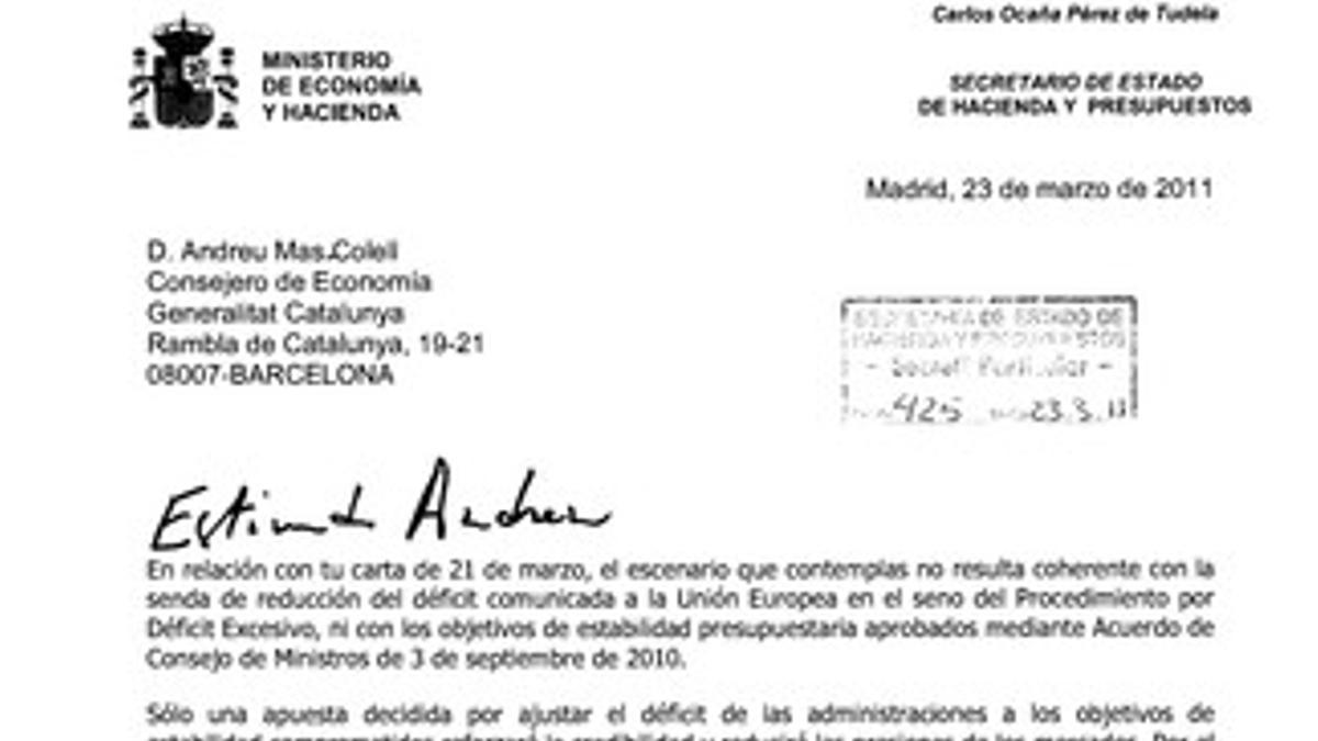 La carta del secretario de Estado de Hacienda, Carlos Ocaña, al 'conseller' de Economia, Andreu Mas-Colell.