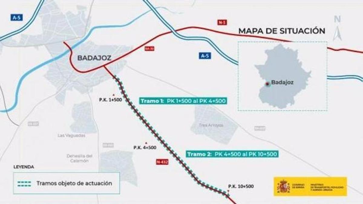 Mapa con el tramo de la carretera de Sevilla donde actuará el ministerio.