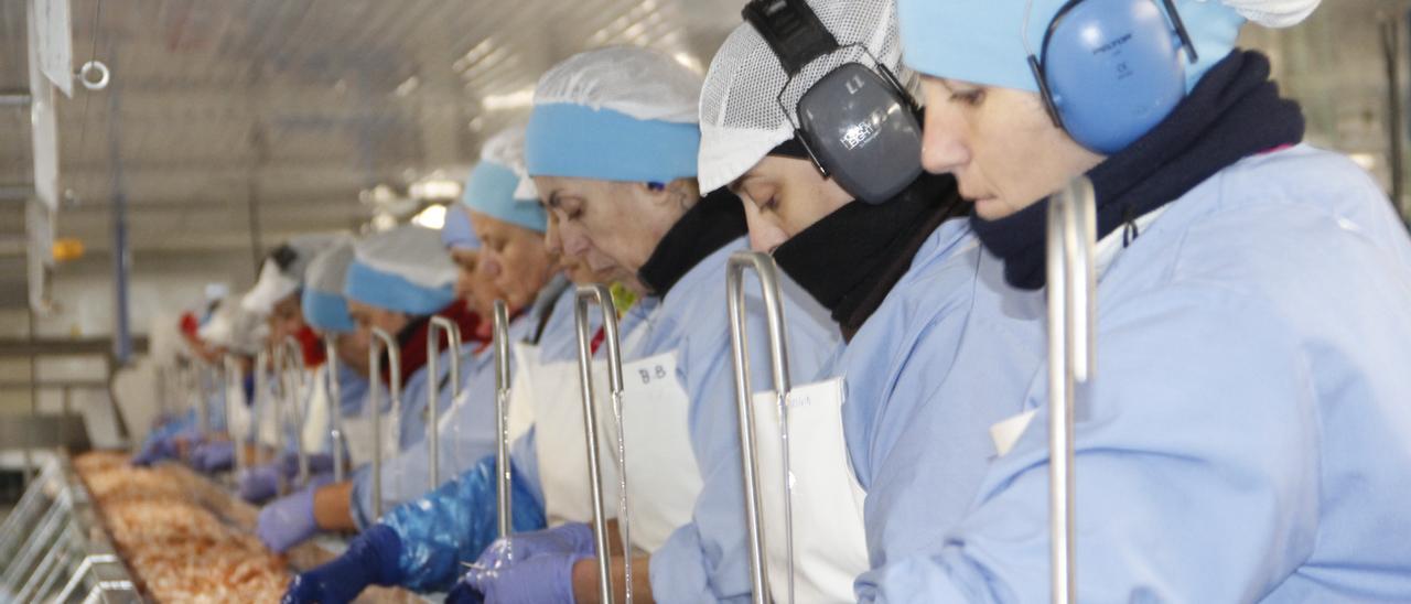 Mujeres trabajando en una cadena de una conservera.