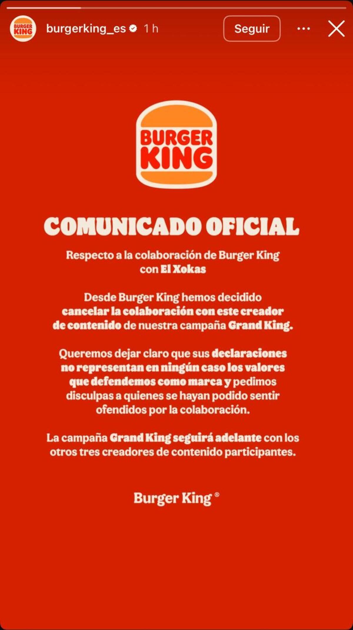 Comunicado de Burger King sobre la colaboración con El Xocas