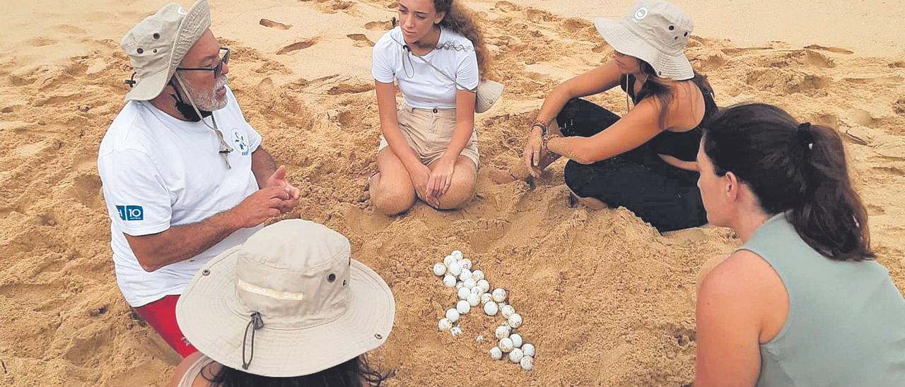 Las jóvenes voluntarias reciben instrucciones antes de iniciar las labores para detectar rastros de tortugas bobas en Fuerteventura.