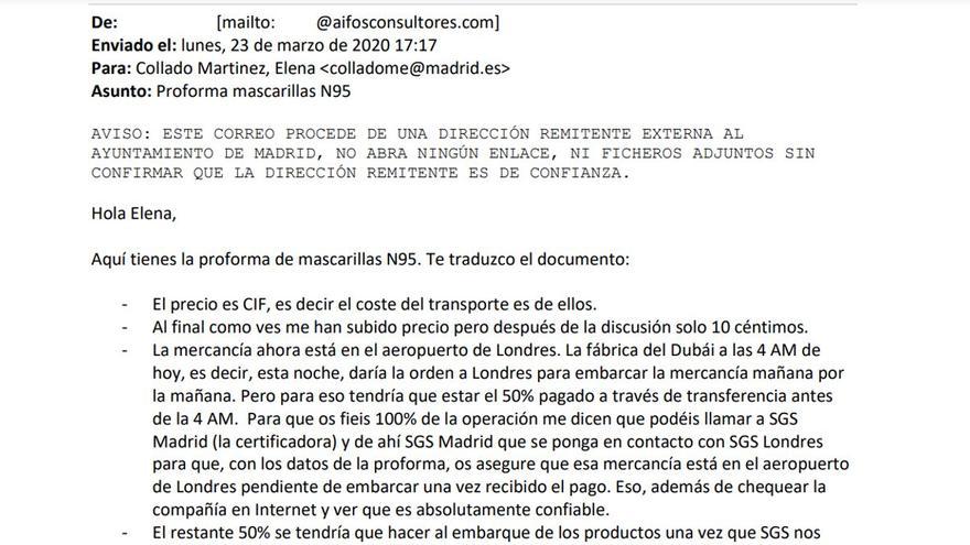 &#039;Email&#039; donde la administradora de Aifos presenta la oferta de Sinclair &amp; White.