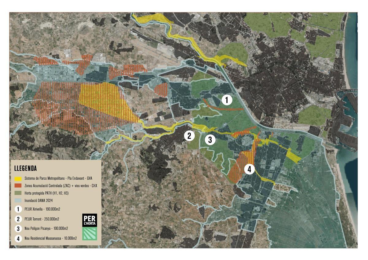 Proyectos urbanísticos posdana que afectan a la huerta en l'Horta Sud, según el estudio de Per l'Horta.