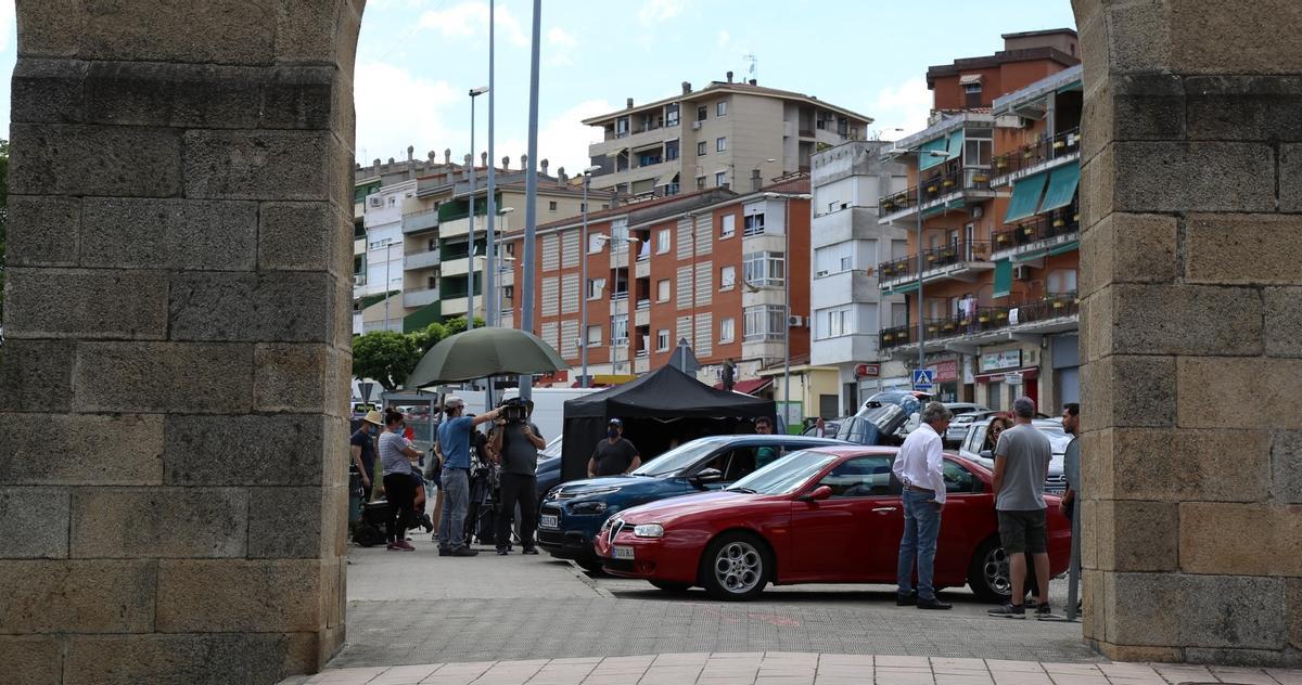 Imagen del rodaje de la película El Conseguidor, en Plasencia.