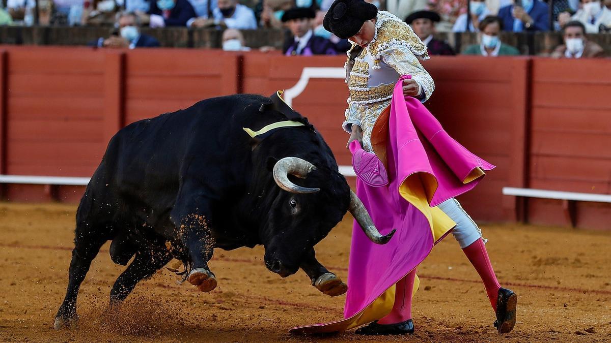 El diestro peruano Roca Rey con su primer toro en el primer festejo taurino con público en la Real Maestranza de Sevilla, correspondiente a la feria de San Miguel.