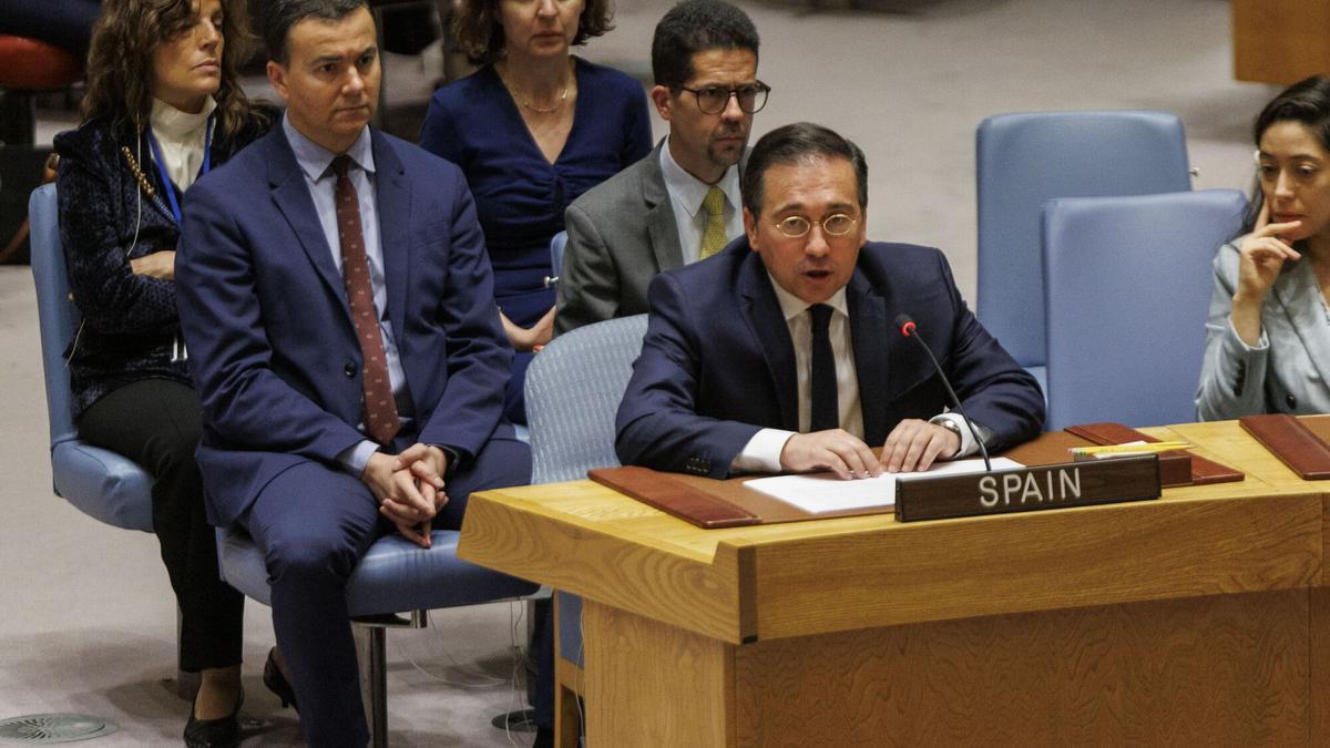 Nueva York, 18/04/2024.- El ministro de Exteriores, Jose Manuel Albares, comparece en el Consejo de Seguridad de Naciones Unidas
