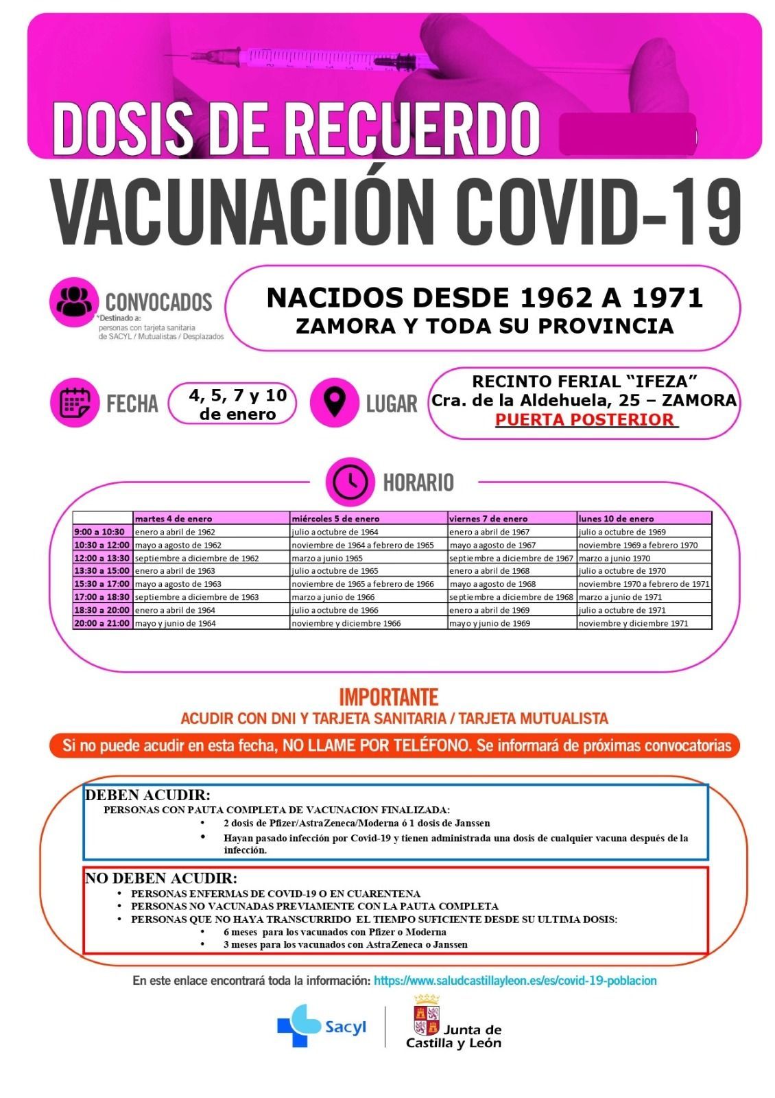 Cartel de vacunación en Zamora para los días 4, 5, 7 y 10 de enero.