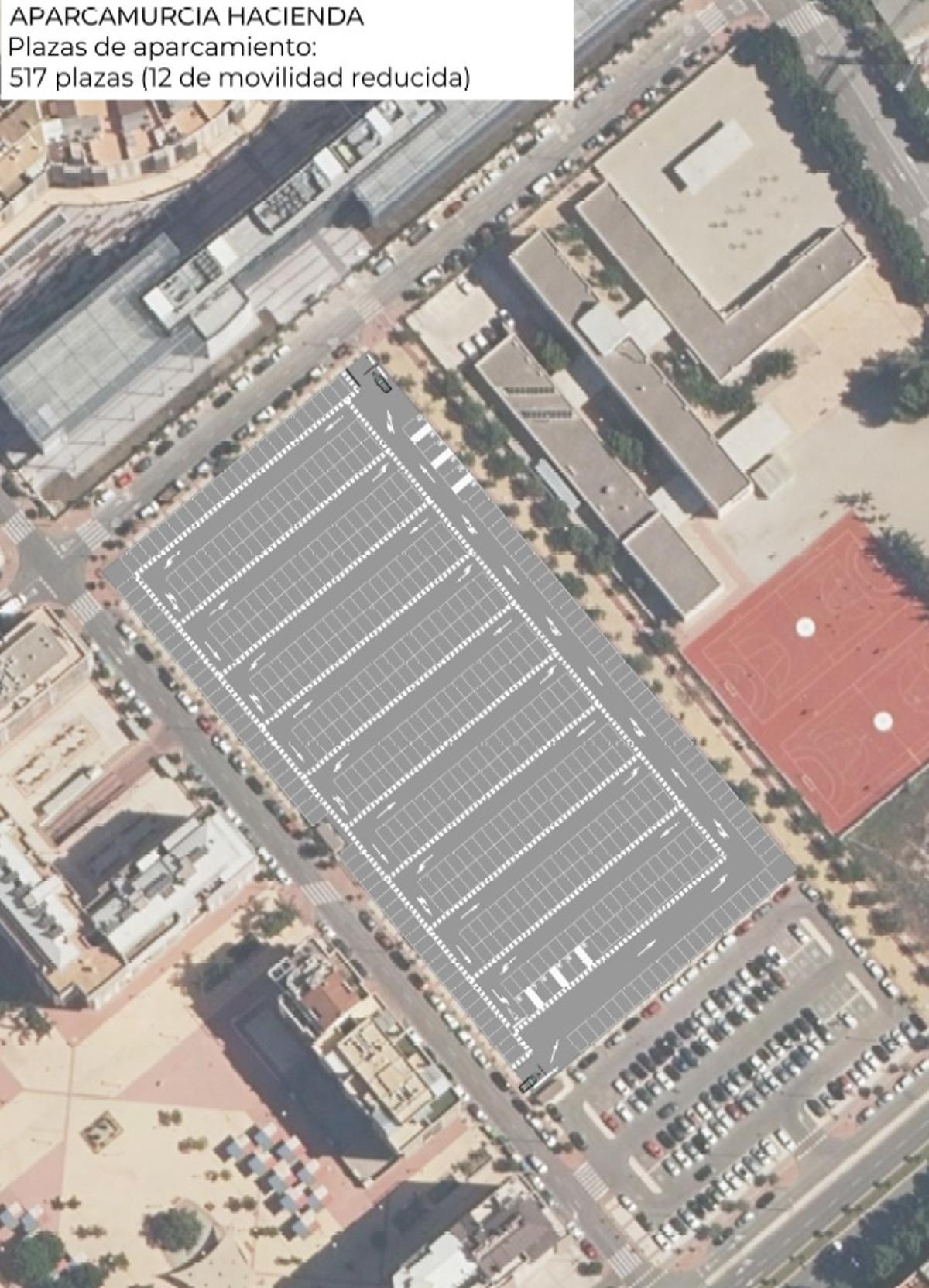 Plano del nuevo aparcamiento a orillas de Juan Carlos I con 517 plazas.