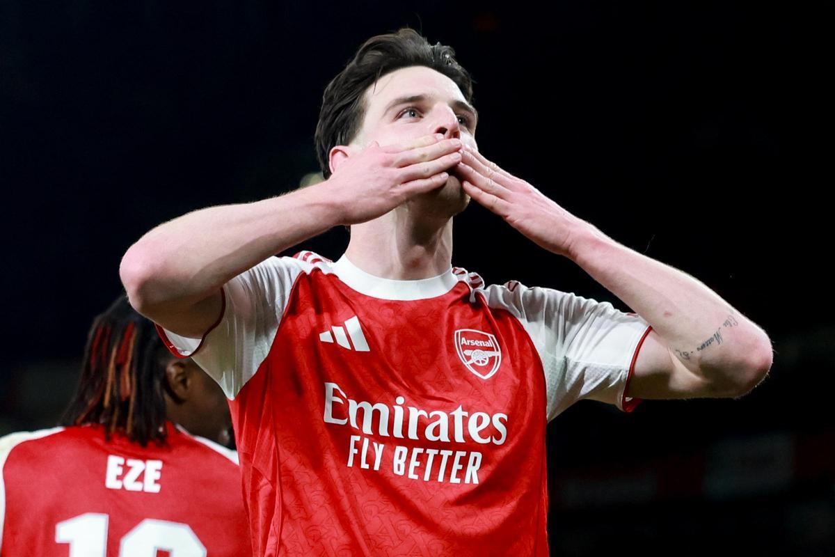 Declan Rice celebra su gol ante el Leverkusen.