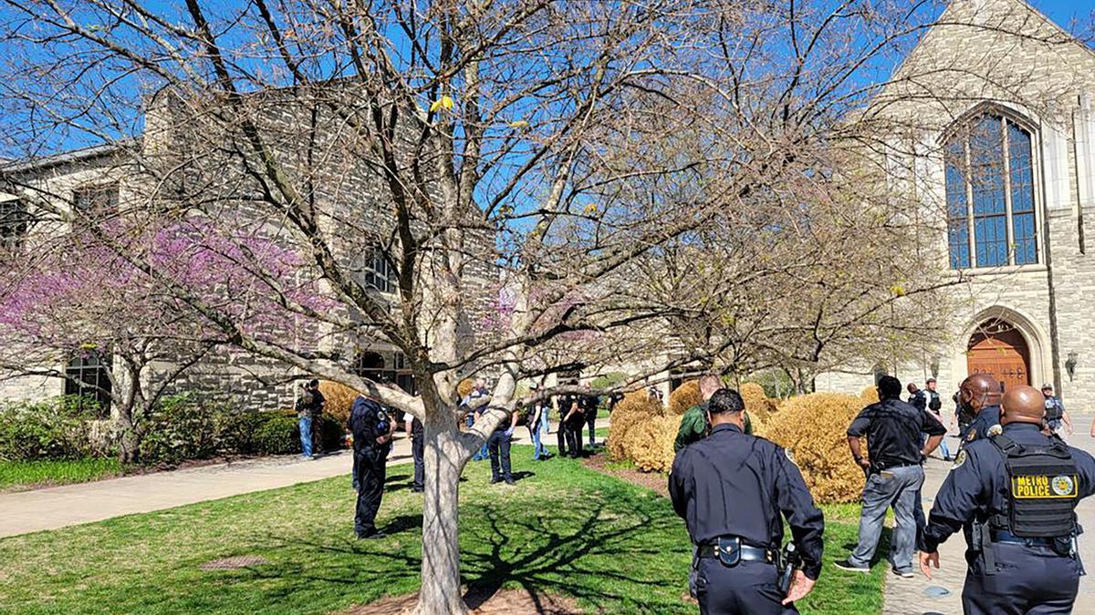 Police officers arrive at the Covenant School, Covenant Presbyterian Church, after reports of a shooting in Nashville