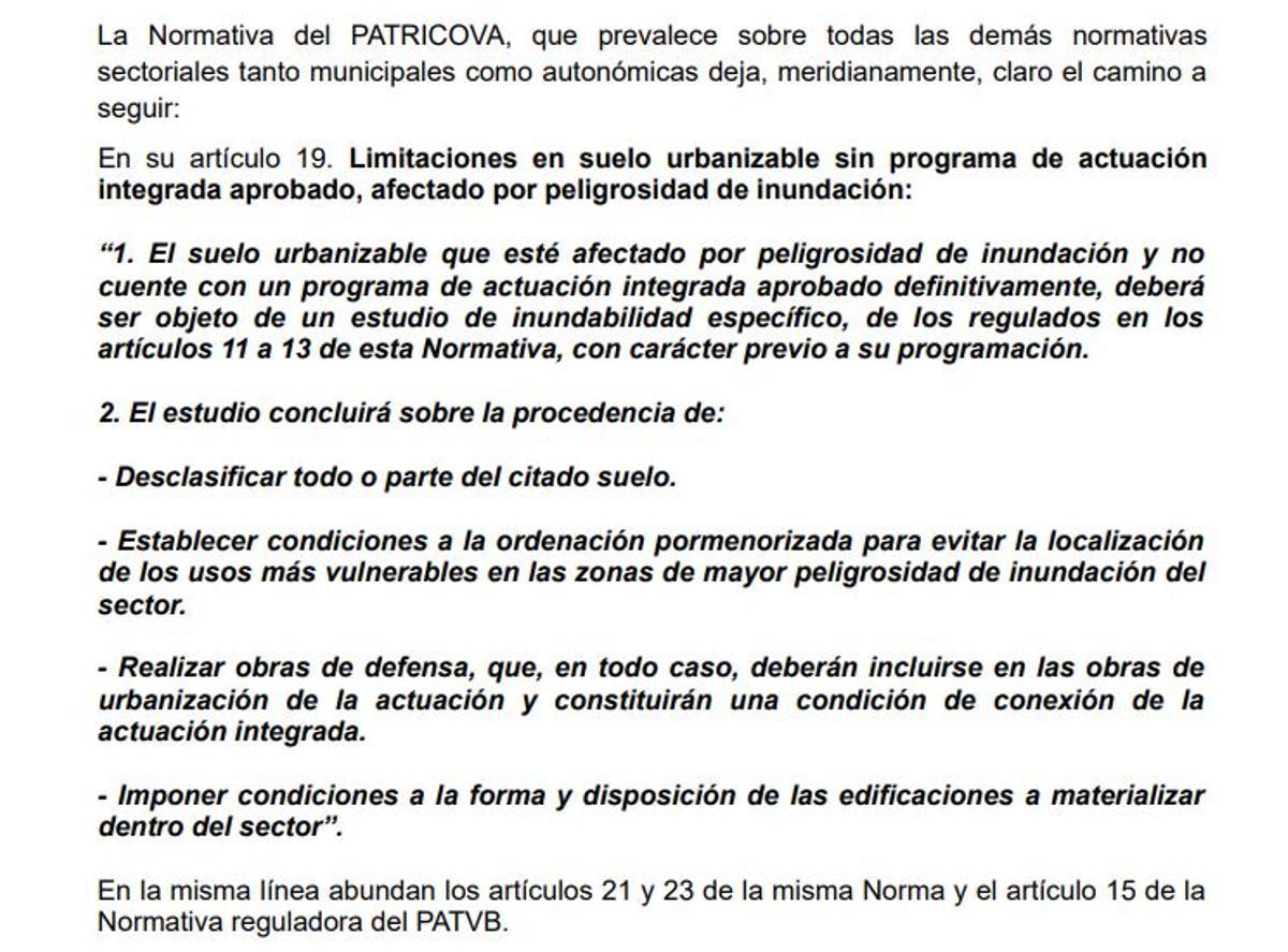 Extracto de las alegaciones de la Asociación de Vecinos en el que se refieren al cumplimiento del Patricova