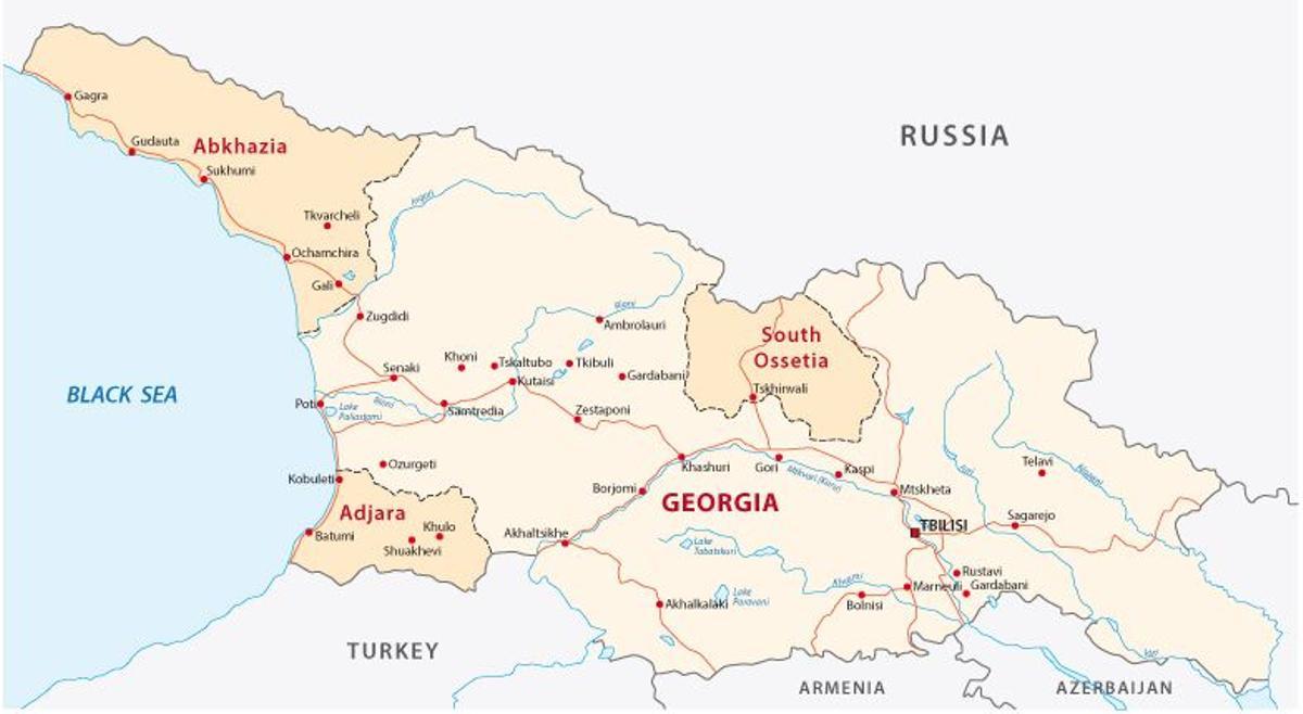 Mapa de Georgia: se observan las zonas en conflicto de Abkhazia y Ossetia.