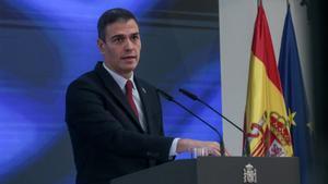 El presidente del Gobierno, Pedro Sánchez, durante su exposición del ’Plan de Recuperación, Transformación y Resiliencia’, este 7 de octubre en la Moncloa. 