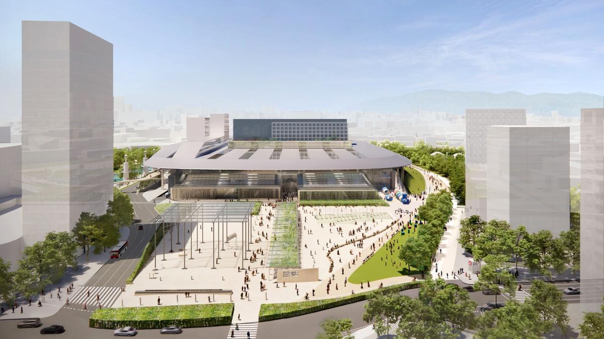 Simulación de la futura estación de Sants, desde la plaza de los Països Catalans.