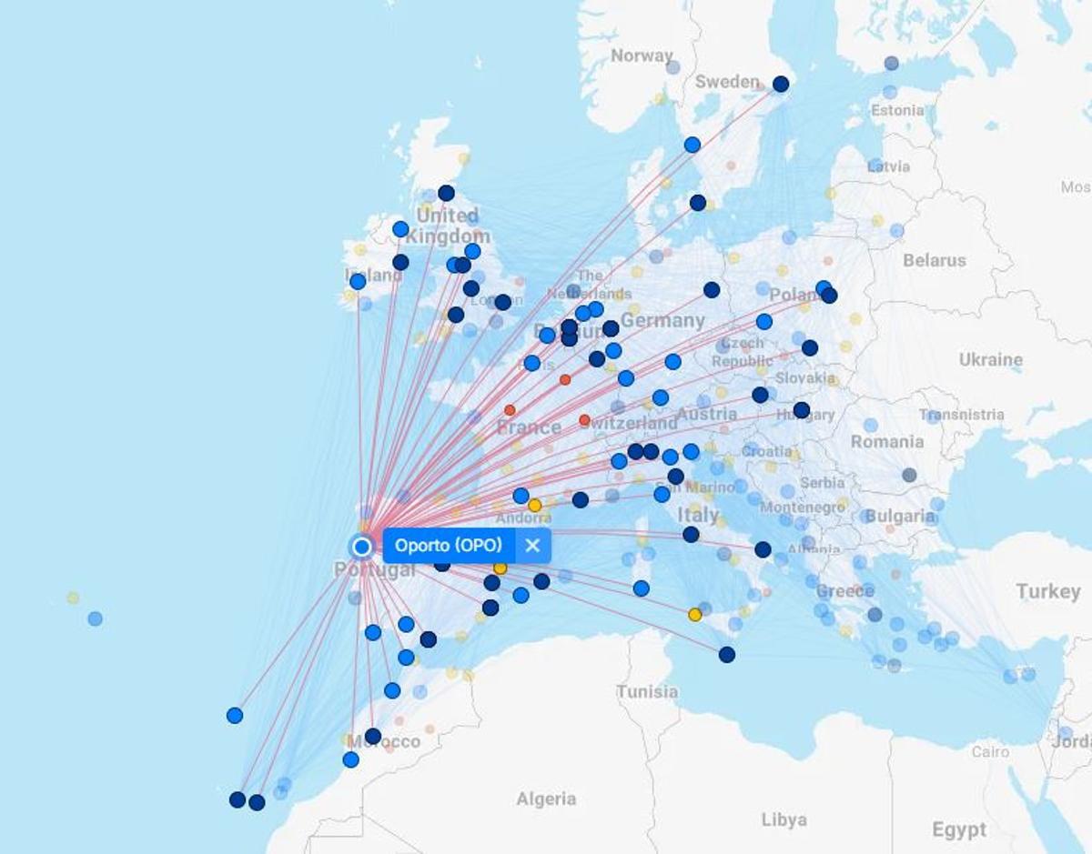 Mapa de las rutas de Ryanair desde Oporto en el verano de 2026.