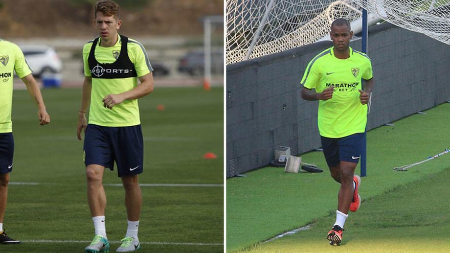 Esteban Rolón y Diego Rolan, en dos imágenes de entrenamientos del Málaga CF.