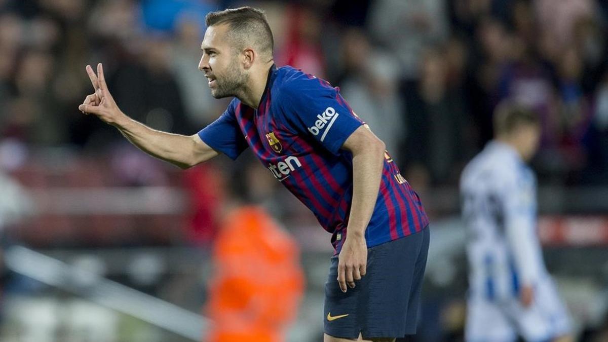 Jordi Alba celebrando  el segundo gol  durante el partido de liga entre el FC Barcelona y la Real Sociedad