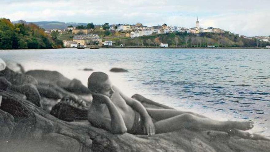 Fotomontaje con la imagen de Cernuda en la playa de la Linera, tomada en agosto de 1935, superpuesta a una fotografía realizada esta semana desde el mismo lugar. / ángel gonzález