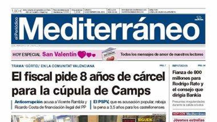 El fiscal pide 8 años de cárcel para la cúpula de Camps, hoy en la portada de Mediterráneo