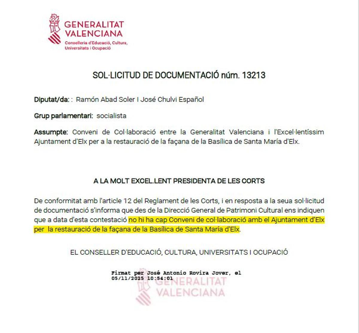 Documento que prueba la inexistencia de un convenio para restaurar Santa María