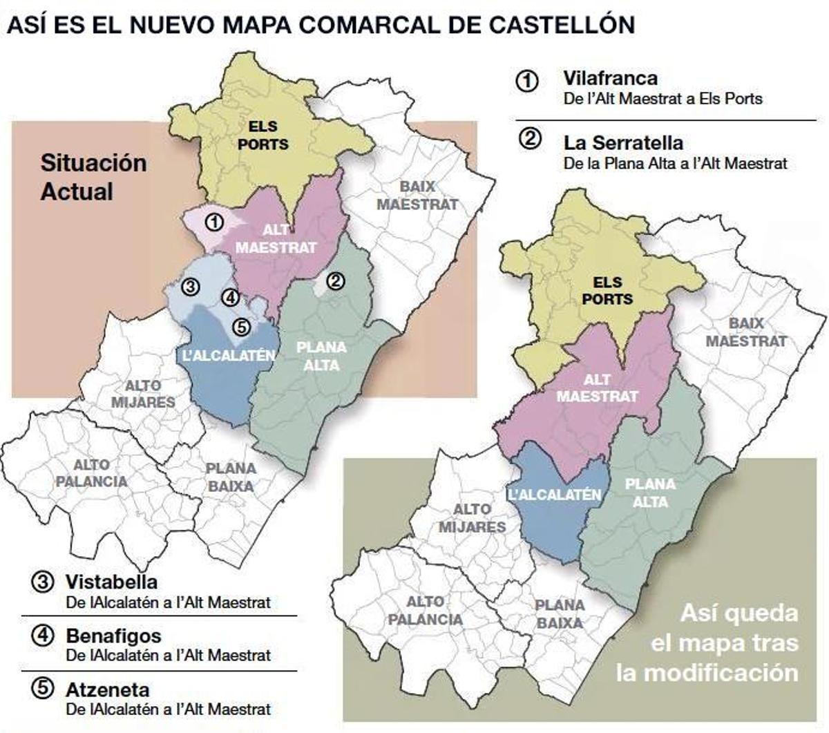 El nuevo mapa de las comarcas de Castellón.